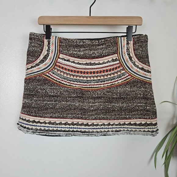 Zara Woman Tweed Woven Boho Mini Skirt Sz L Black Ivory Rust Rose - Picture 1 of 10